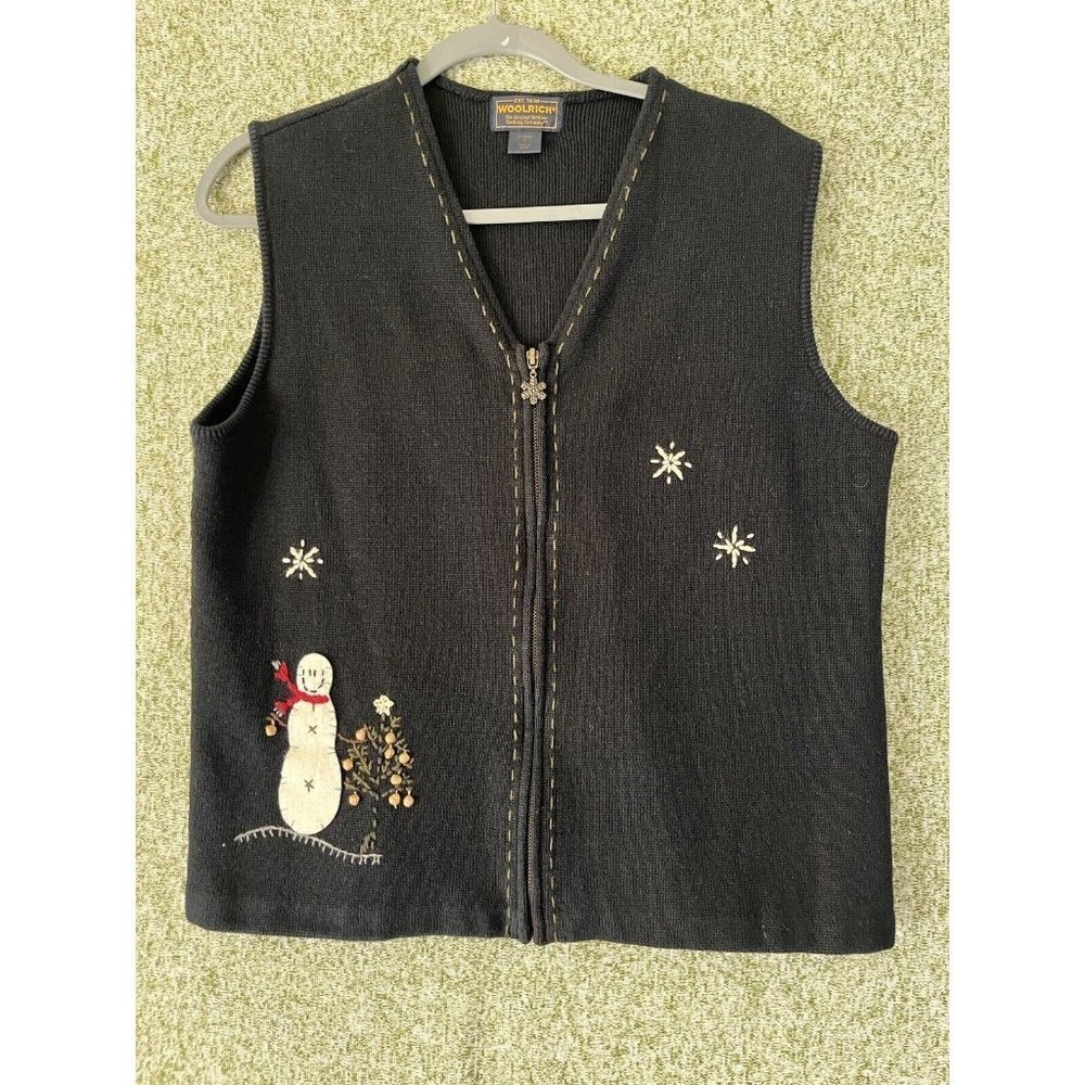 Woolrich Sweater Large Black Snowman Vest Zip Up Heritage Cabin Christmas Granny
